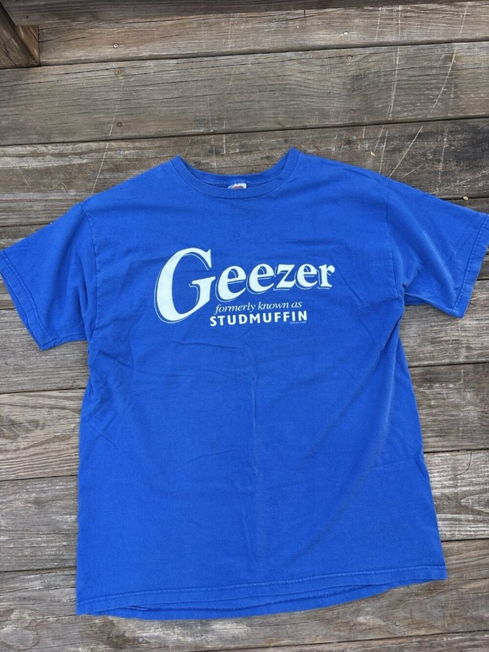 Vintage Y2K Geezer Studmuffin T Shirt XL Funny Novelty Graphic Tee Blue 2000s